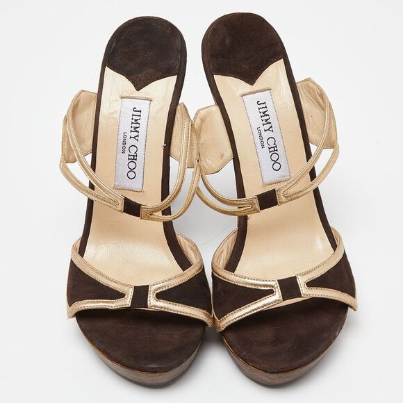 Jimmy Choo Brown/Metallic Gold Suede and Leather Strappy Platform Sandals - Picture 3 of 4